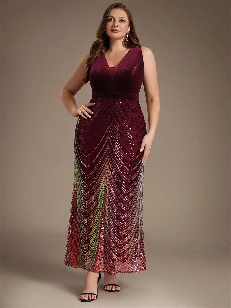 Robe longue sirène à paillettes dégradées avec col V