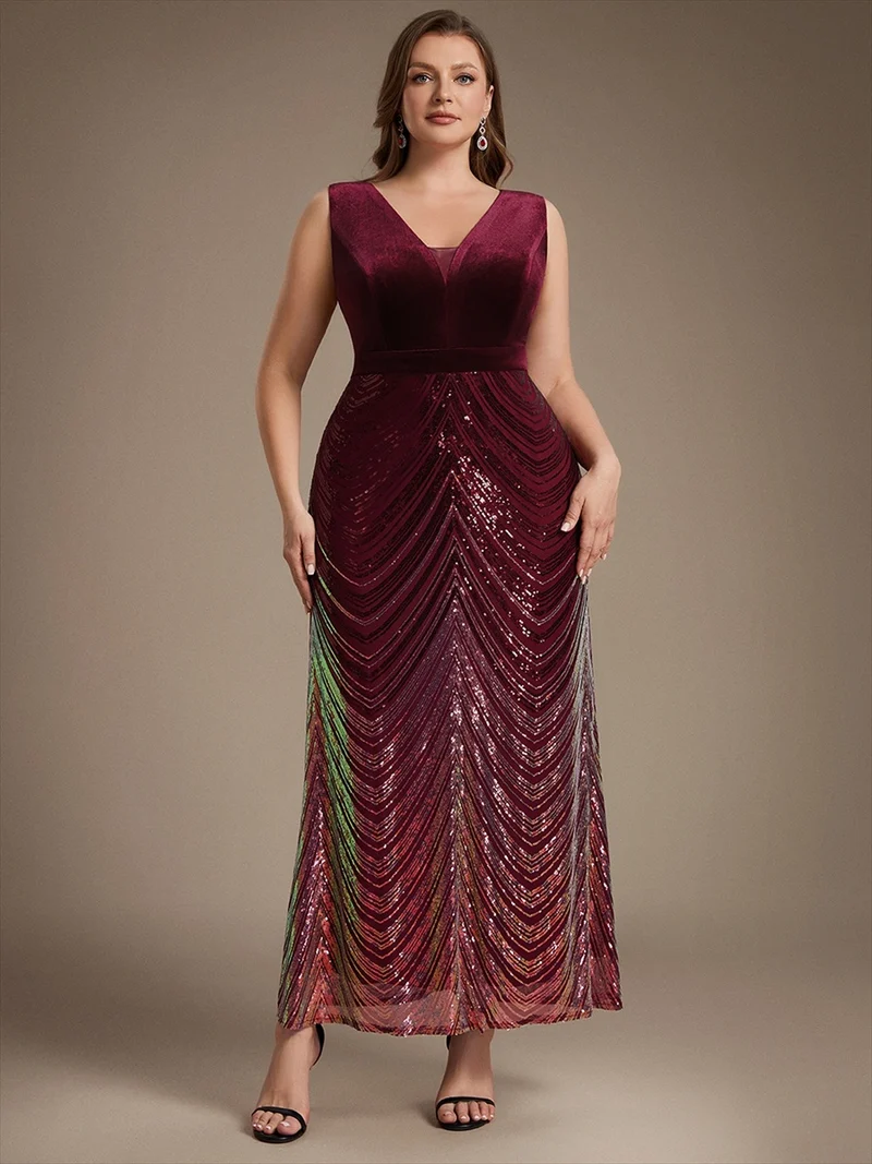 Robe longue sirène à paillettes dégradées avec col V