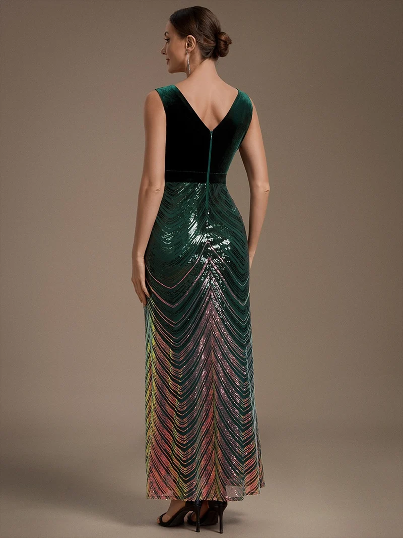 Robe longue sirène à paillettes dégradées avec col V