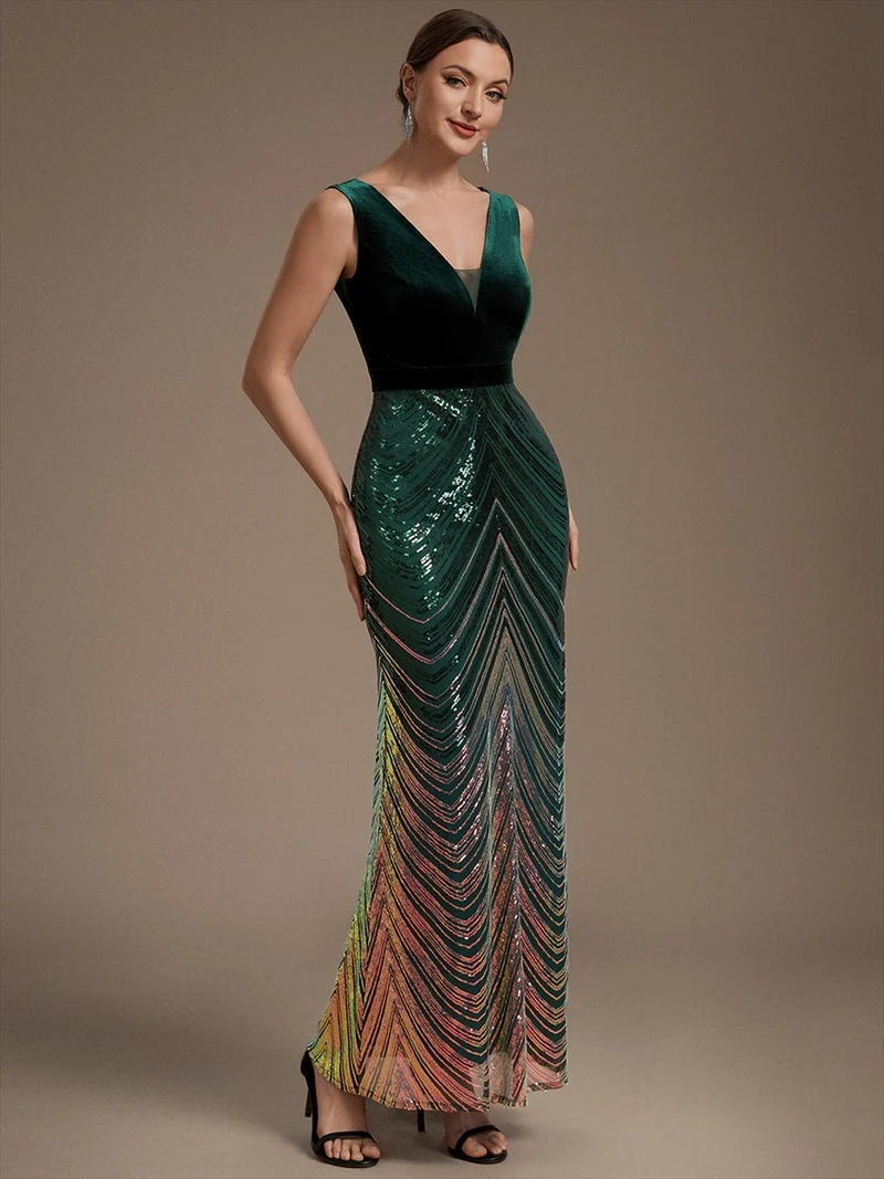 Robe longue sirène à paillettes dégradées avec col V