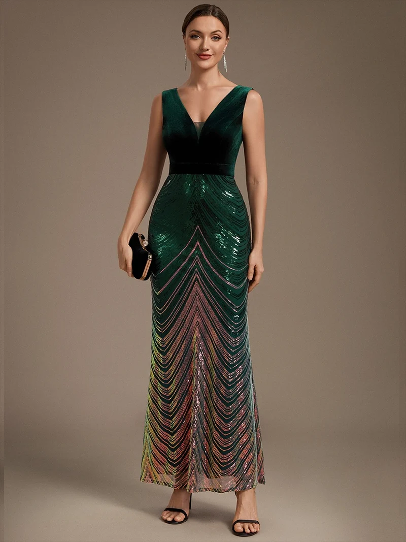 Robe longue sirène à paillettes dégradées avec col V