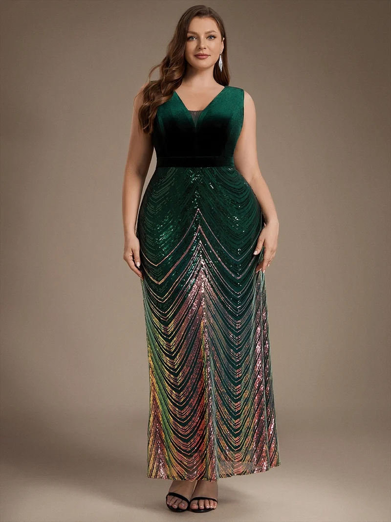 Robe longue sirène à paillettes dégradées avec col V
