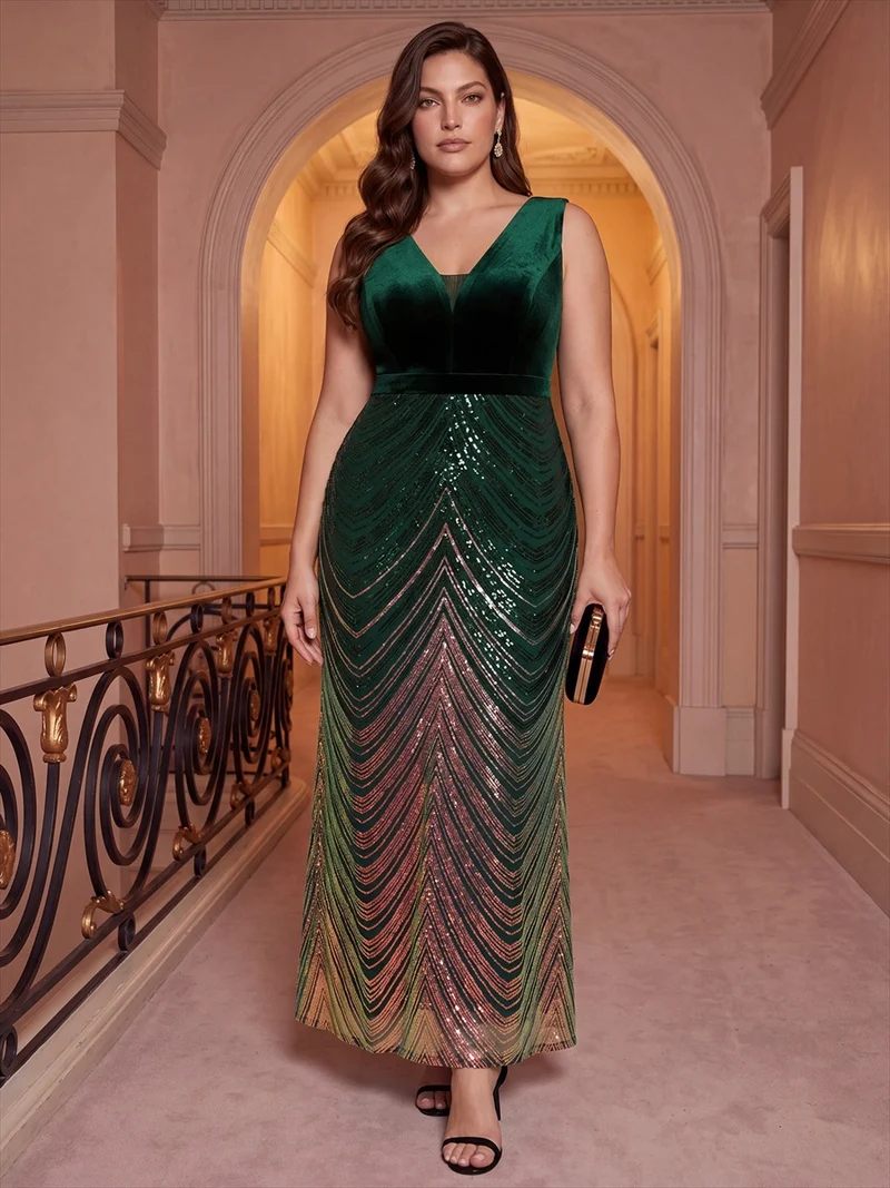 Robe longue sirène à paillettes dégradées avec col V