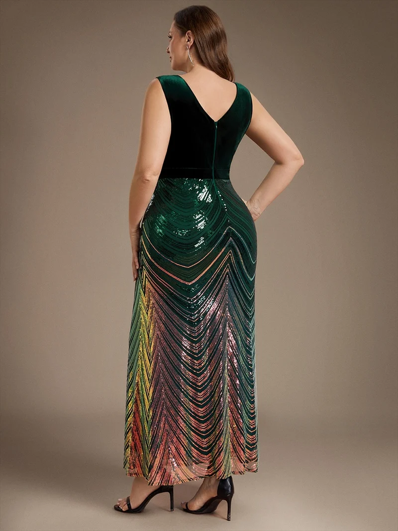 Robe longue sirène à paillettes dégradées avec col V