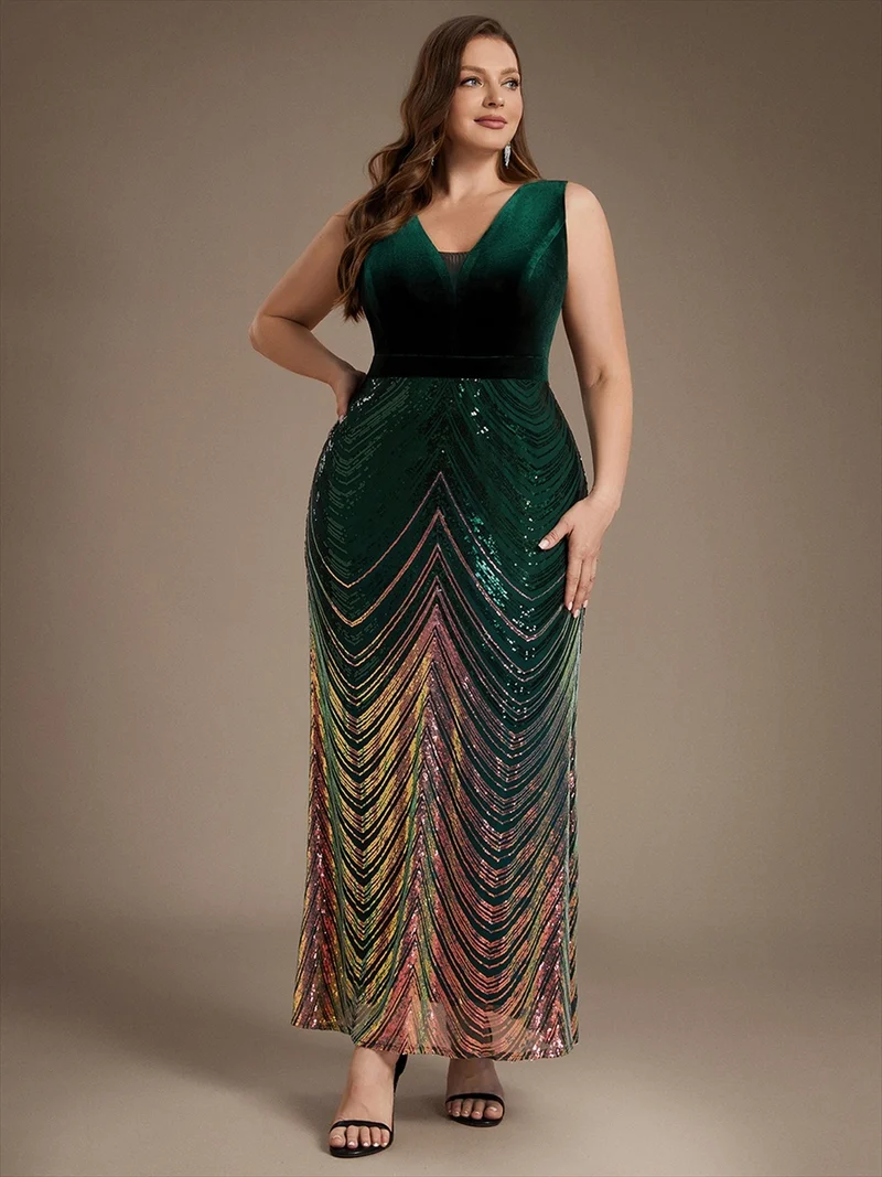 Robe longue sirène à paillettes dégradées avec col V