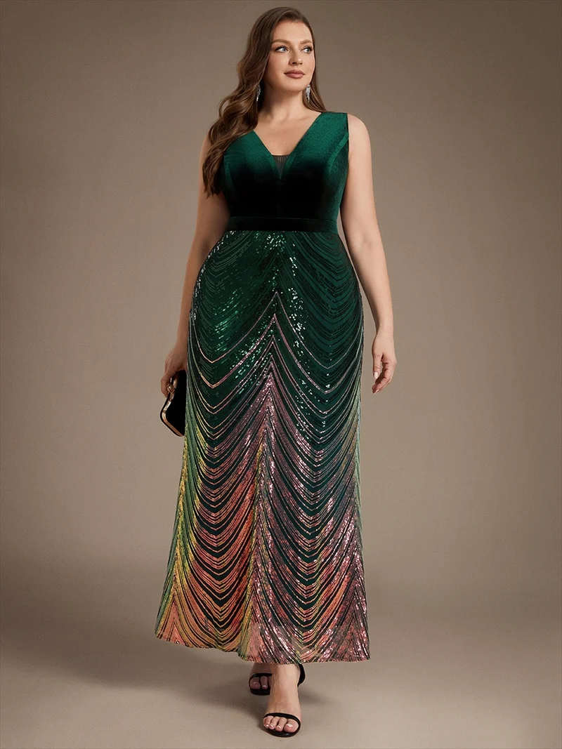 Robe longue sirène à paillettes dégradées avec col V