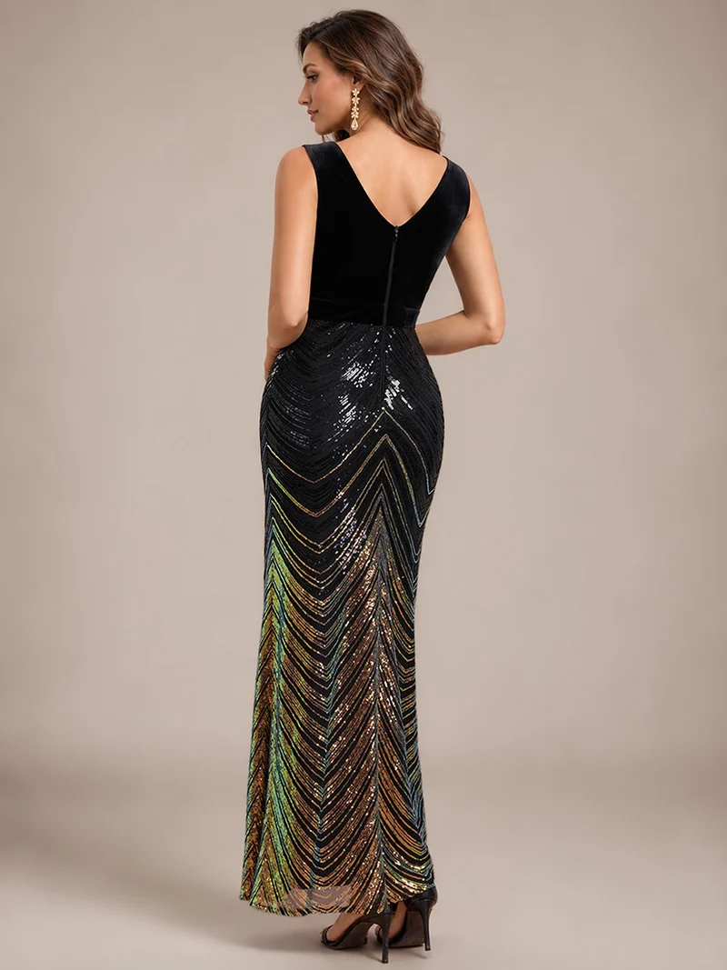 Robe longue sirène à paillettes dégradées avec col V