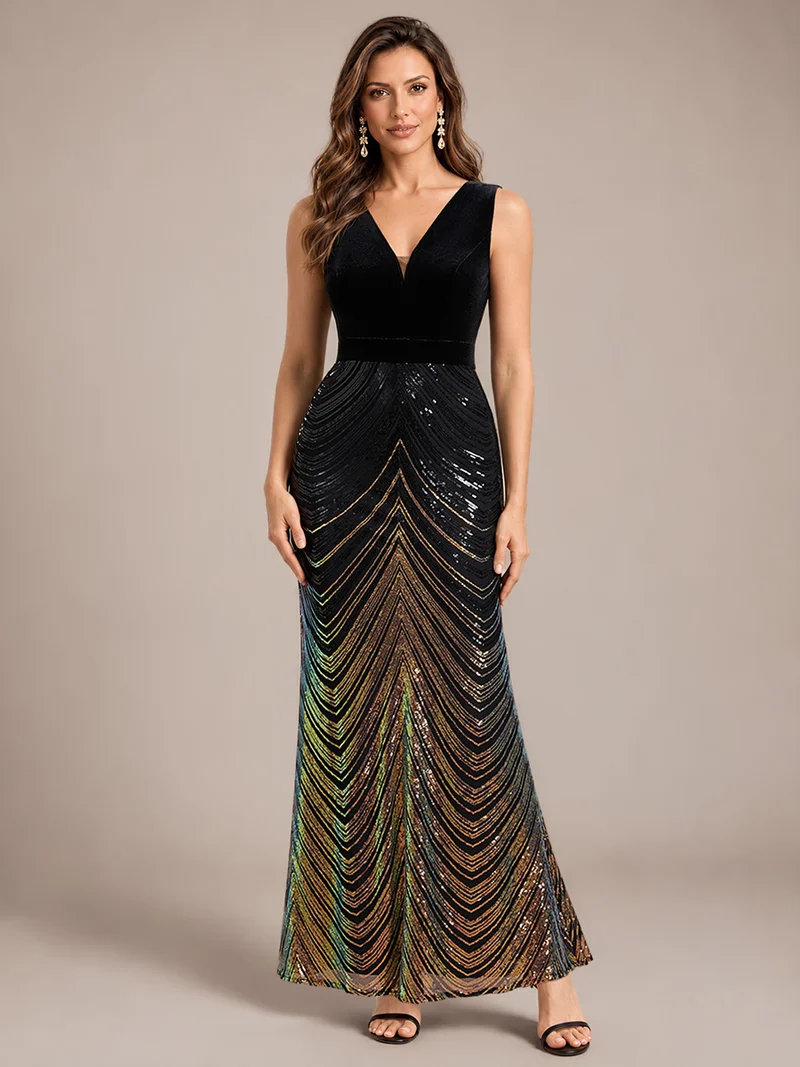 Robe longue sirène à paillettes dégradées avec col V