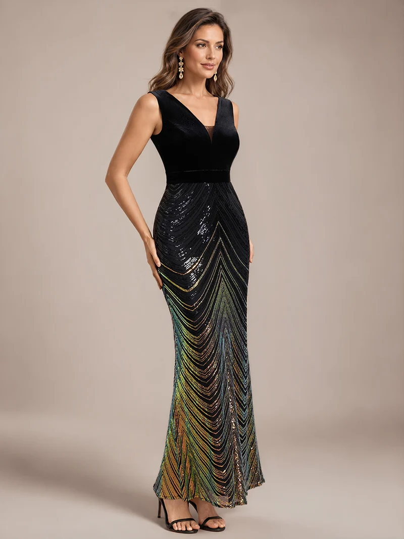 Robe longue sirène à paillettes dégradées avec col V