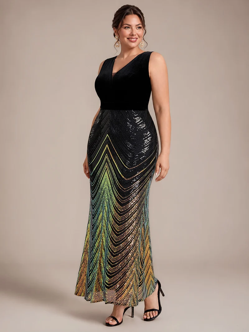 Robe longue sirène à paillettes dégradées avec col V