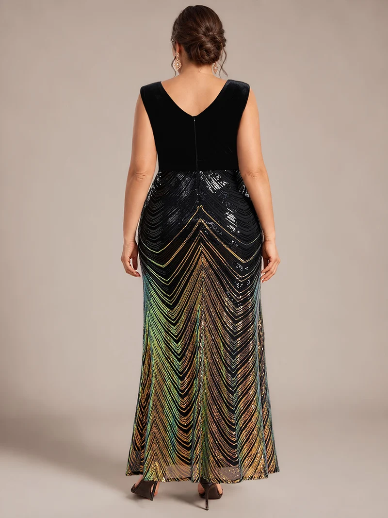 Robe longue sirène à paillettes dégradées avec col V