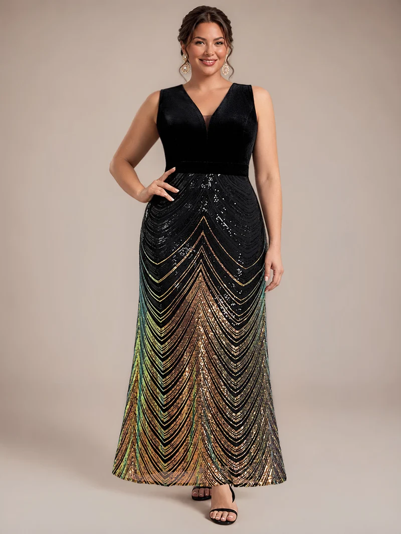 Robe longue sirène à paillettes dégradées avec col V