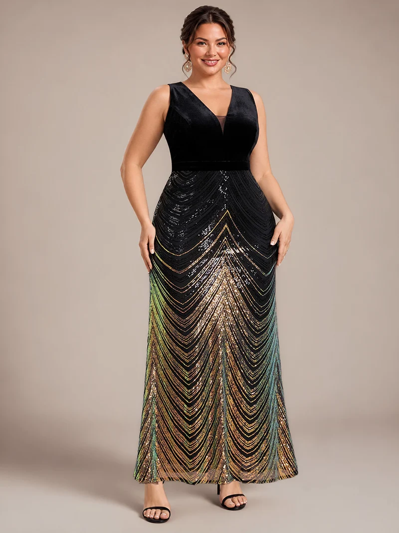 Robe longue sirène à paillettes dégradées avec col V