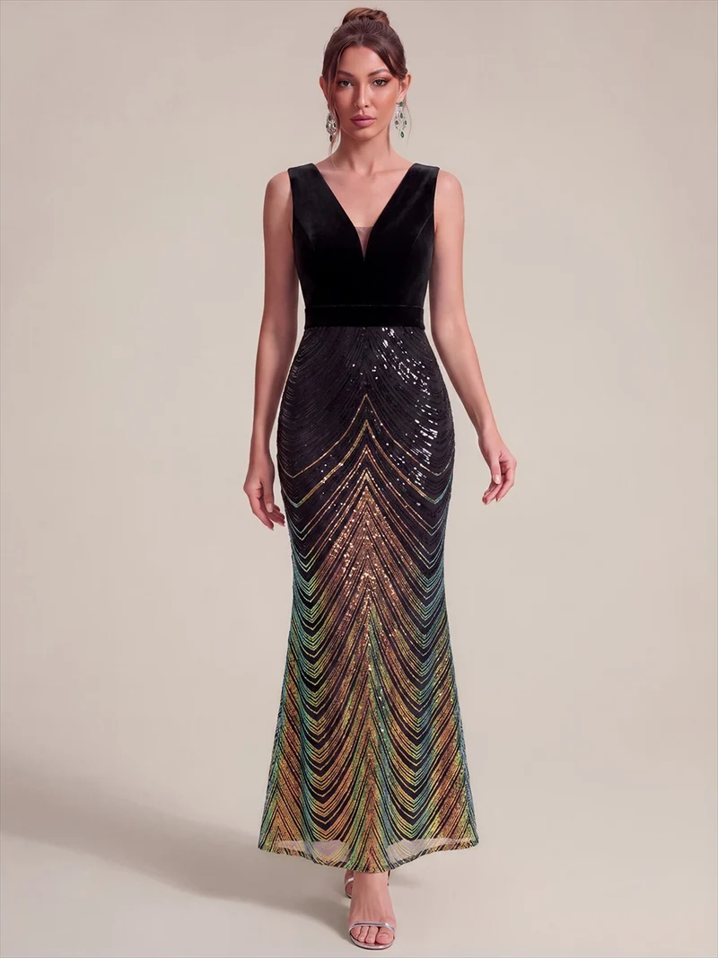 Robe longue sirène à paillettes dégradées avec col V