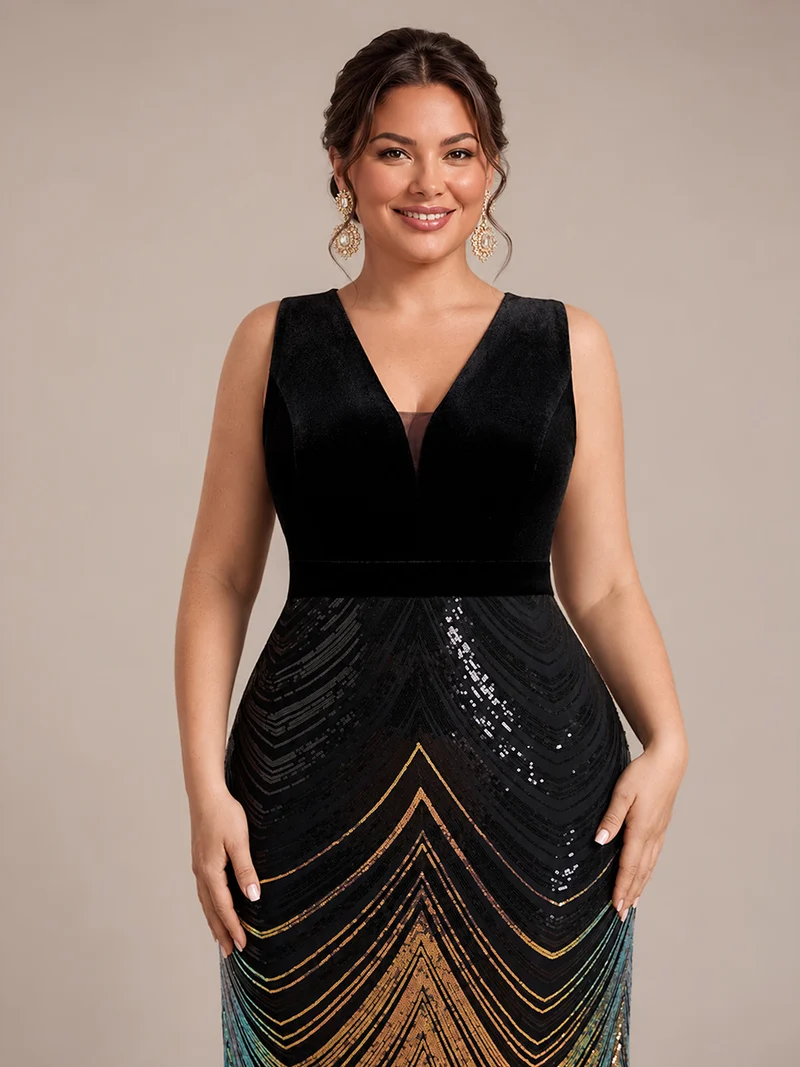 Robe longue sirène à paillettes dégradées avec col V