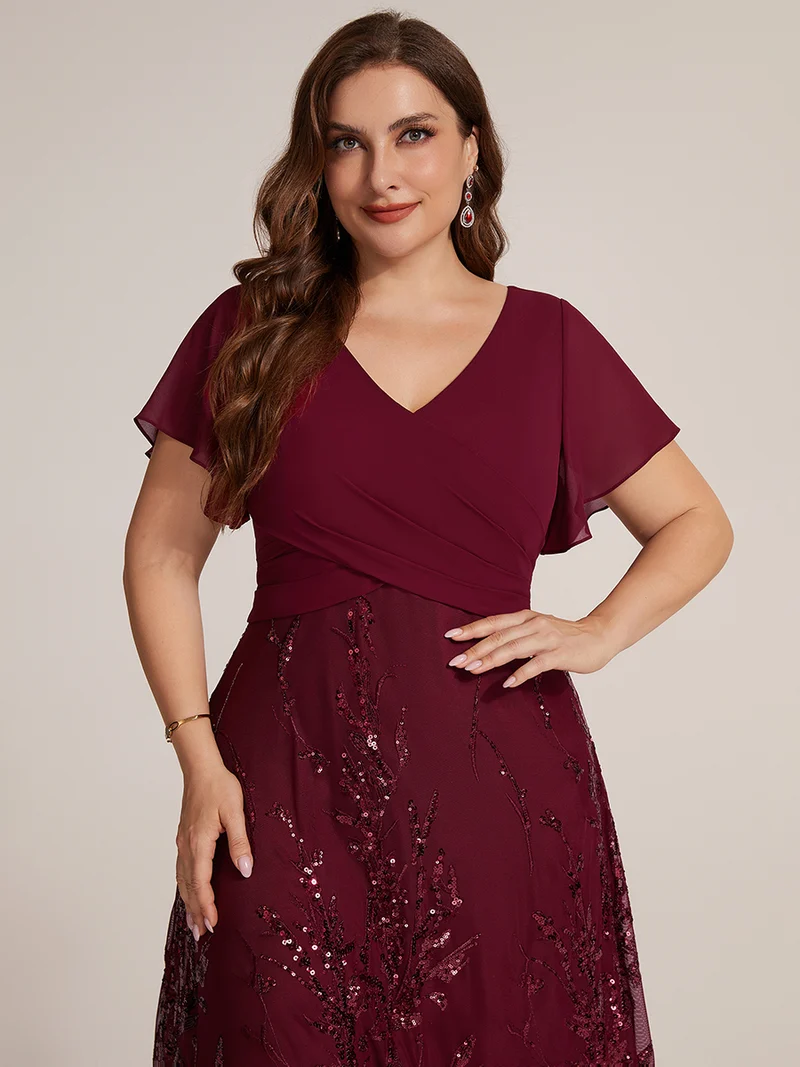 Robe midi en mousseline à paillettes avec col V et manches volantées