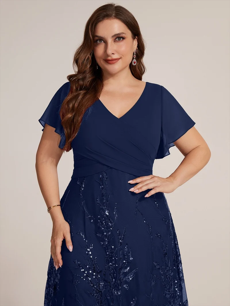 Robe midi en mousseline à paillettes avec col V et manches volantées