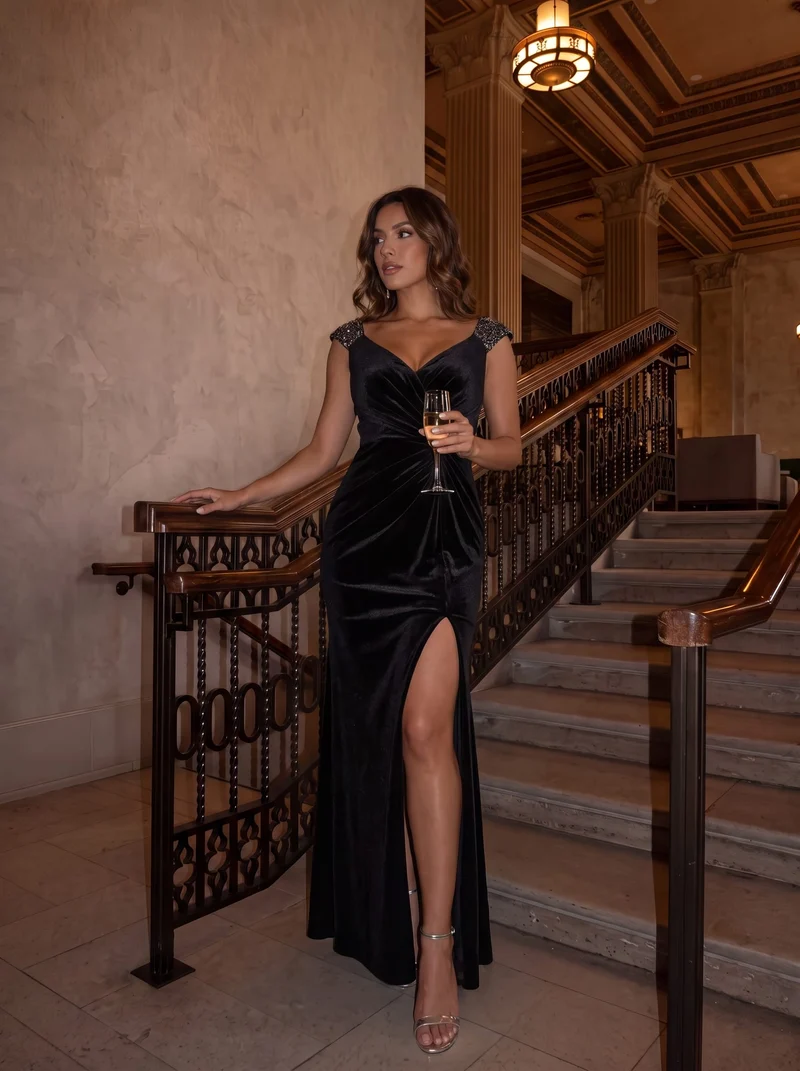 Robe longue glamour en velours avec décolleté V, paillettes et fente