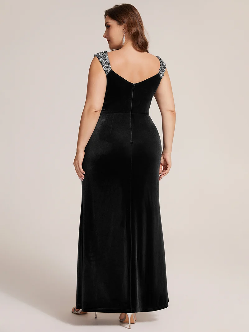 Robe longue glamour en velours avec décolleté V, paillettes et fente