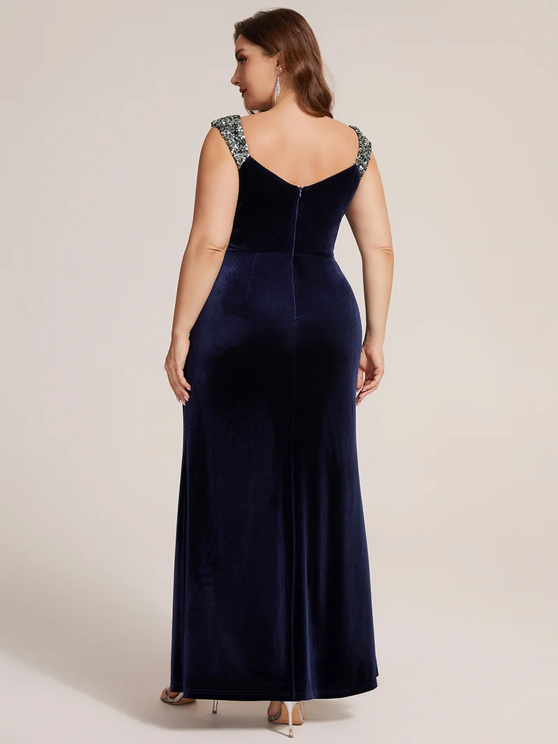 Robe longue glamour en velours avec décolleté V, paillettes et fente