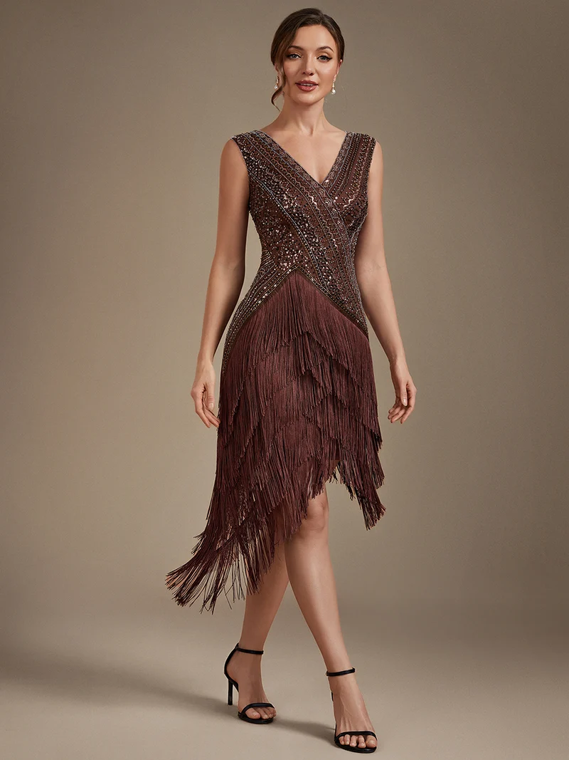 Robe de cocktail glamour en tulle à décolleté V, sequins et perles