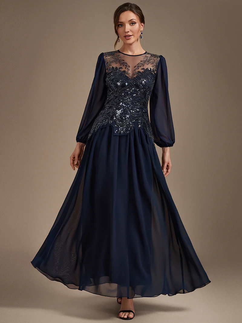 Robe de soirée longue en tulle à col rond, manches longues et paillettes