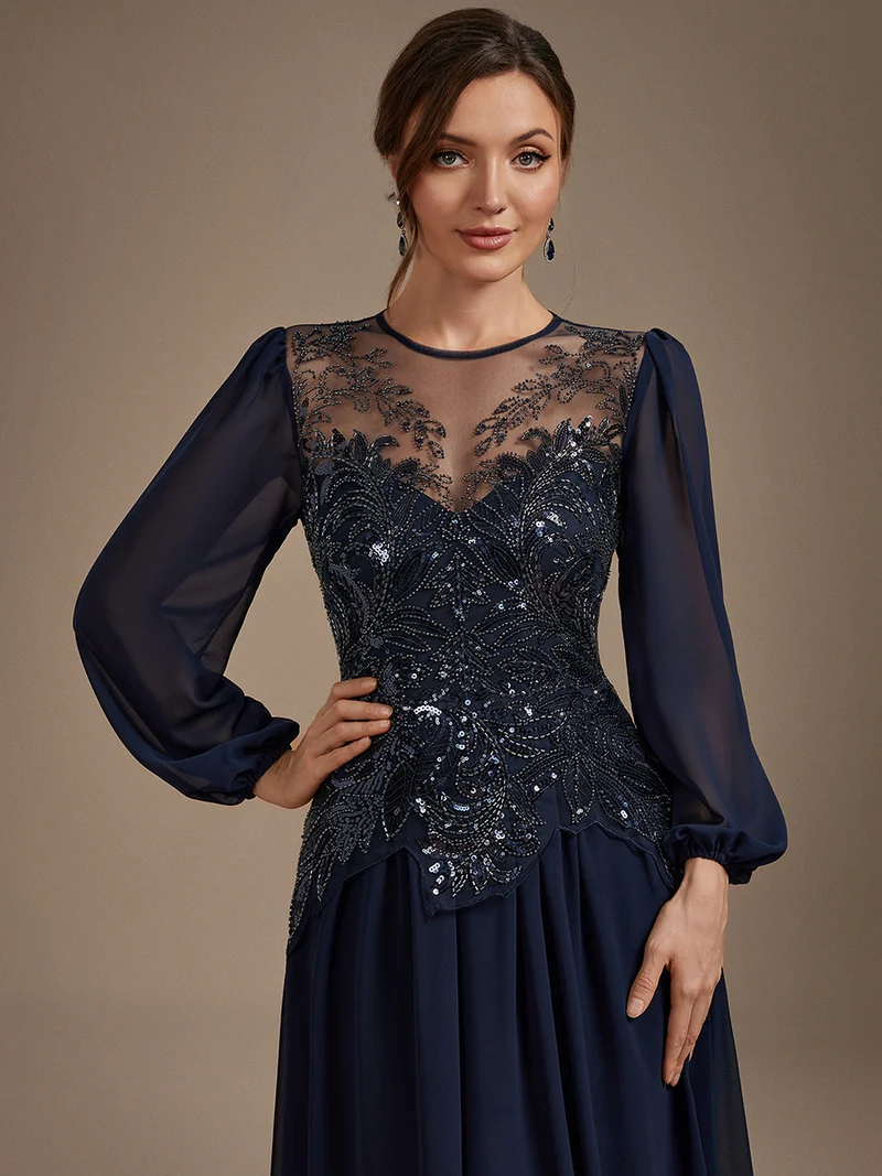 Robe de soirée longue en tulle à col rond, manches longues et paillettes