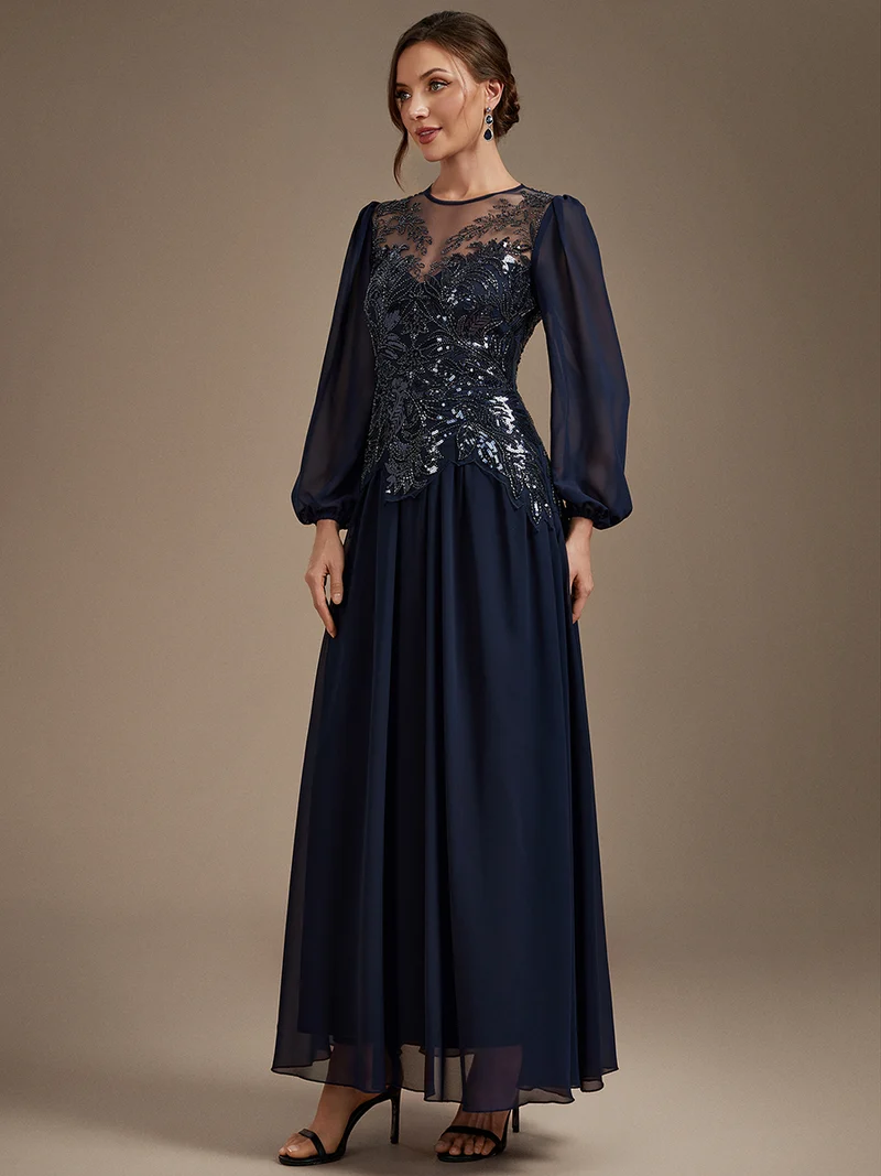 Robe de soirée longue en tulle à col rond, manches longues et paillettes