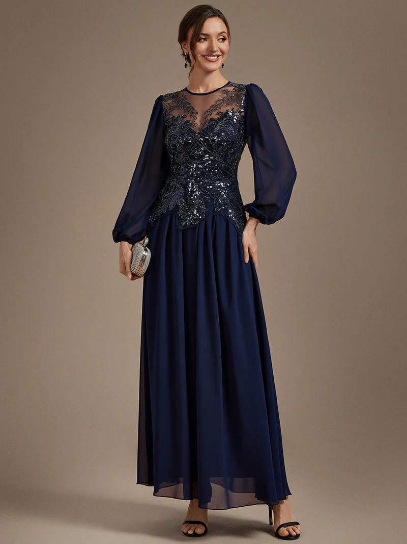 Robe de soirée longue en tulle à col rond, manches longues et paillettes