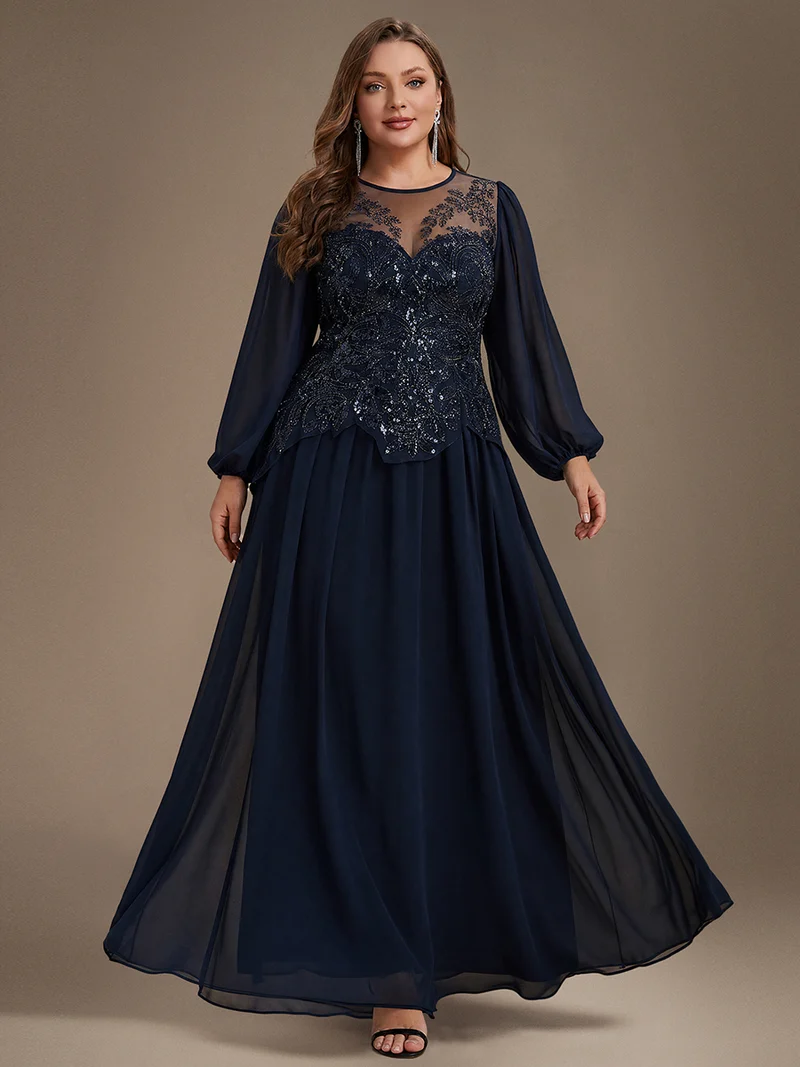 Robe de soirée longue en tulle à col rond, manches longues et paillettes