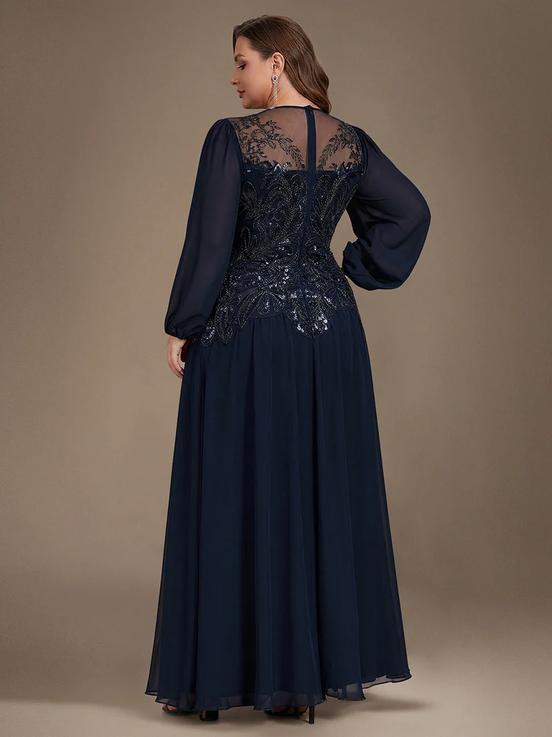 Robe de soirée longue en tulle à col rond, manches longues et paillettes