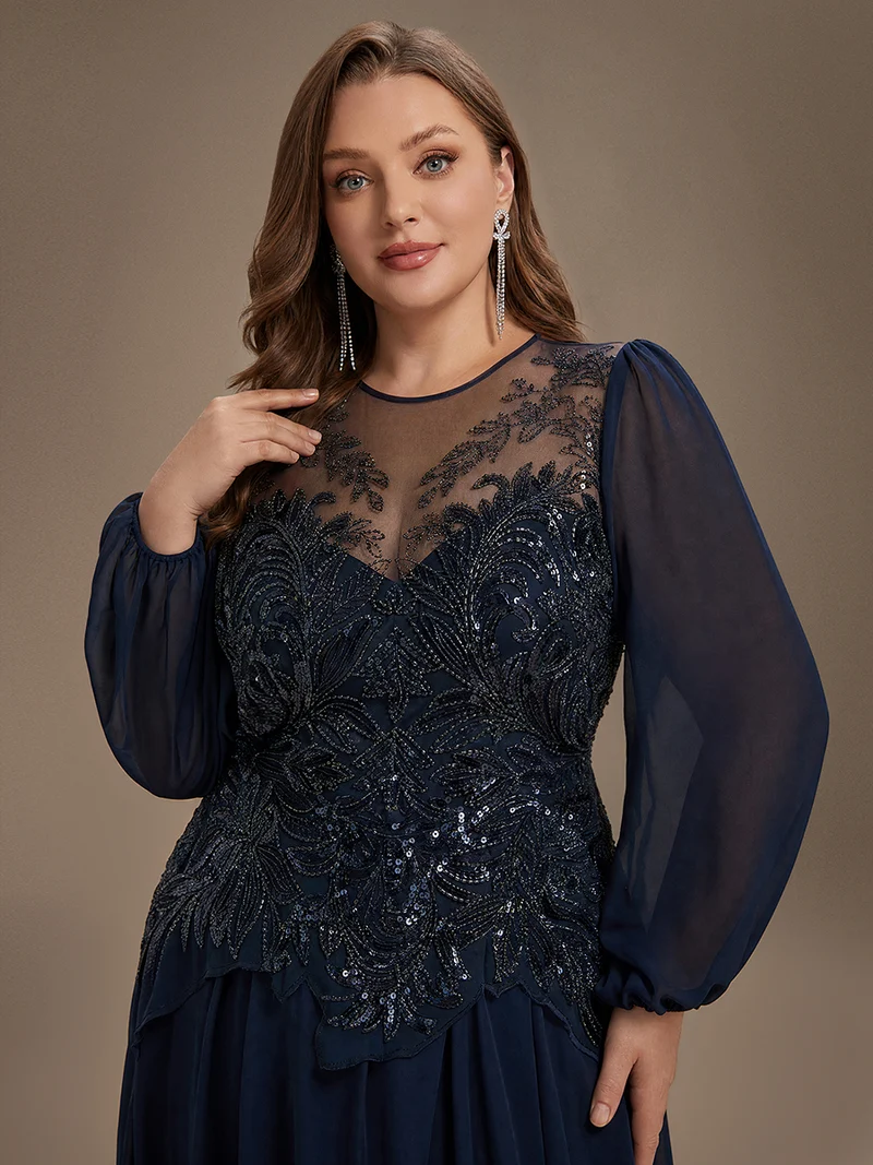 Robe de soirée longue en tulle à col rond, manches longues et paillettes