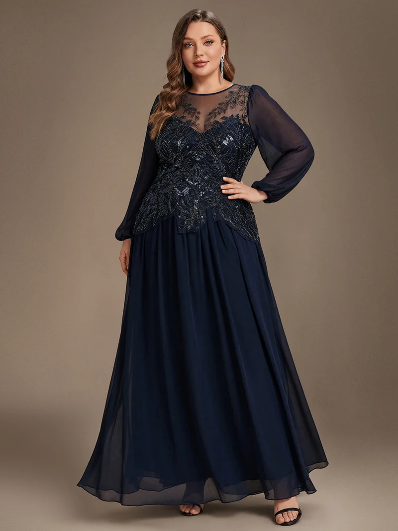 Robe de soirée longue en tulle à col rond, manches longues et paillettes