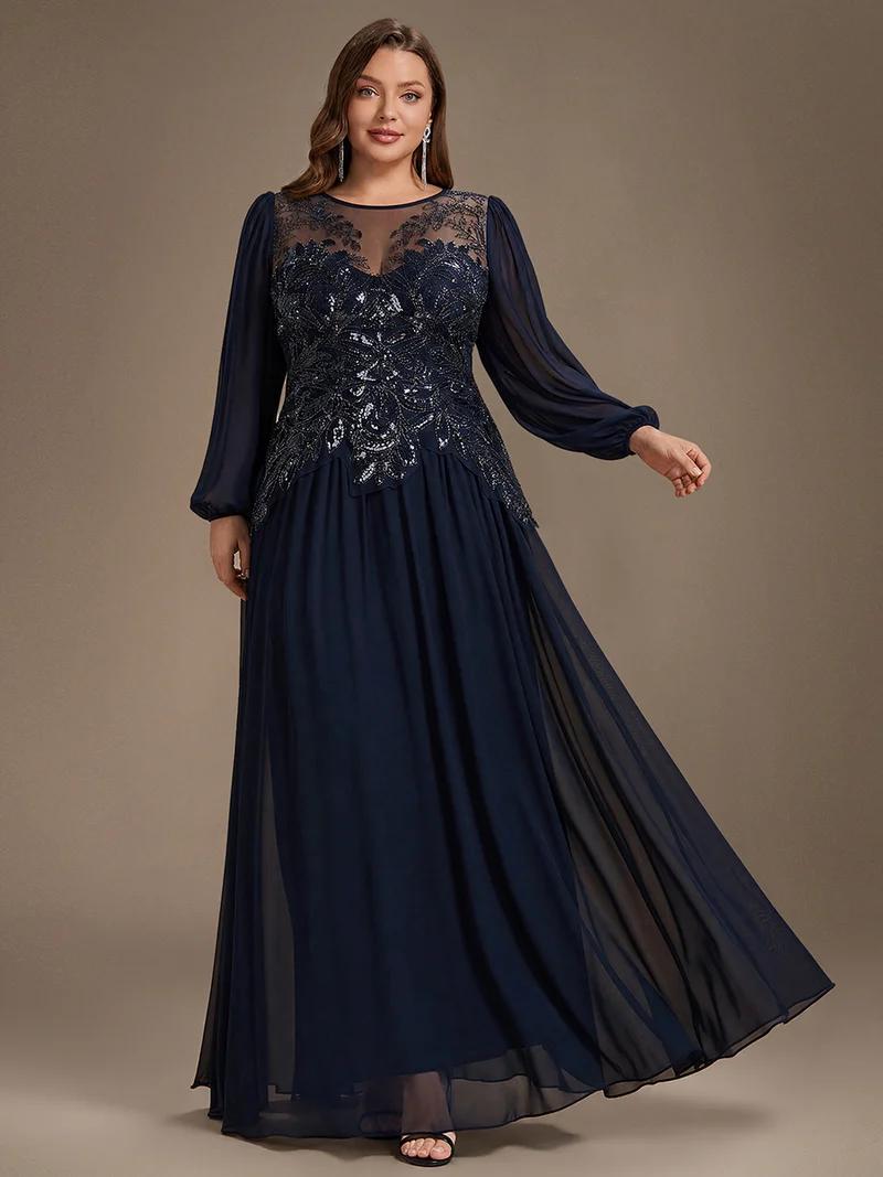Robe de soirée longue en tulle à col rond, manches longues et paillettes