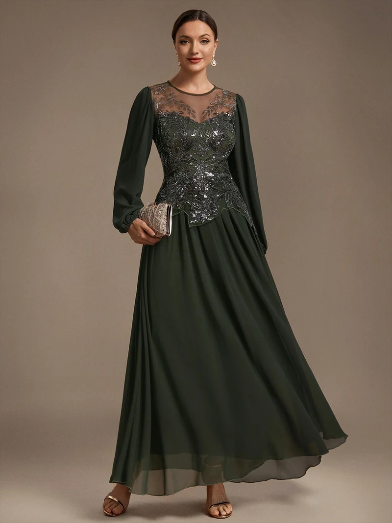 Robe de soirée longue en tulle à col rond, manches longues et paillettes