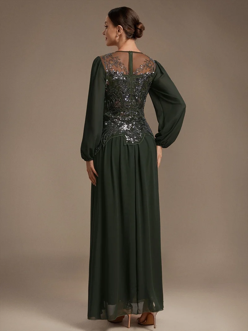 Robe de soirée longue en tulle à col rond, manches longues et paillettes
