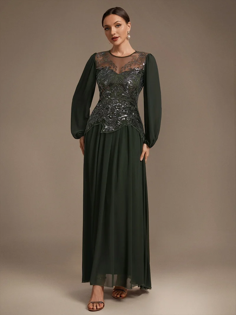 Robe de soirée longue en tulle à col rond, manches longues et paillettes