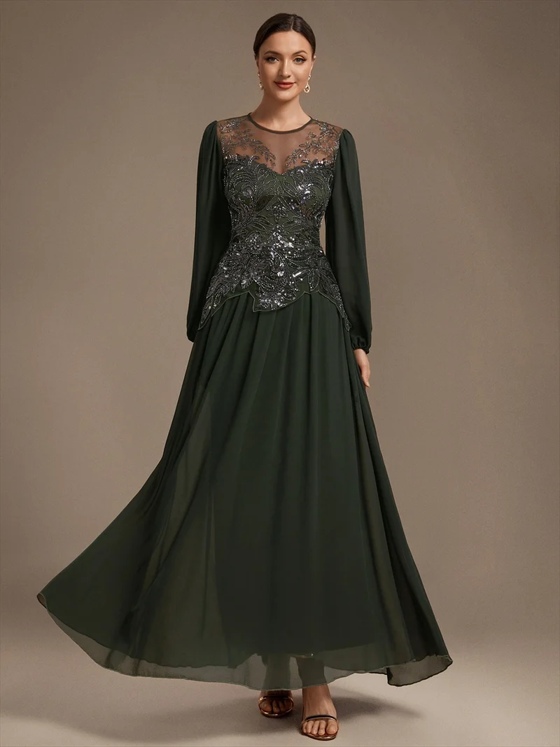 Robe de soirée longue en tulle à col rond, manches longues et paillettes