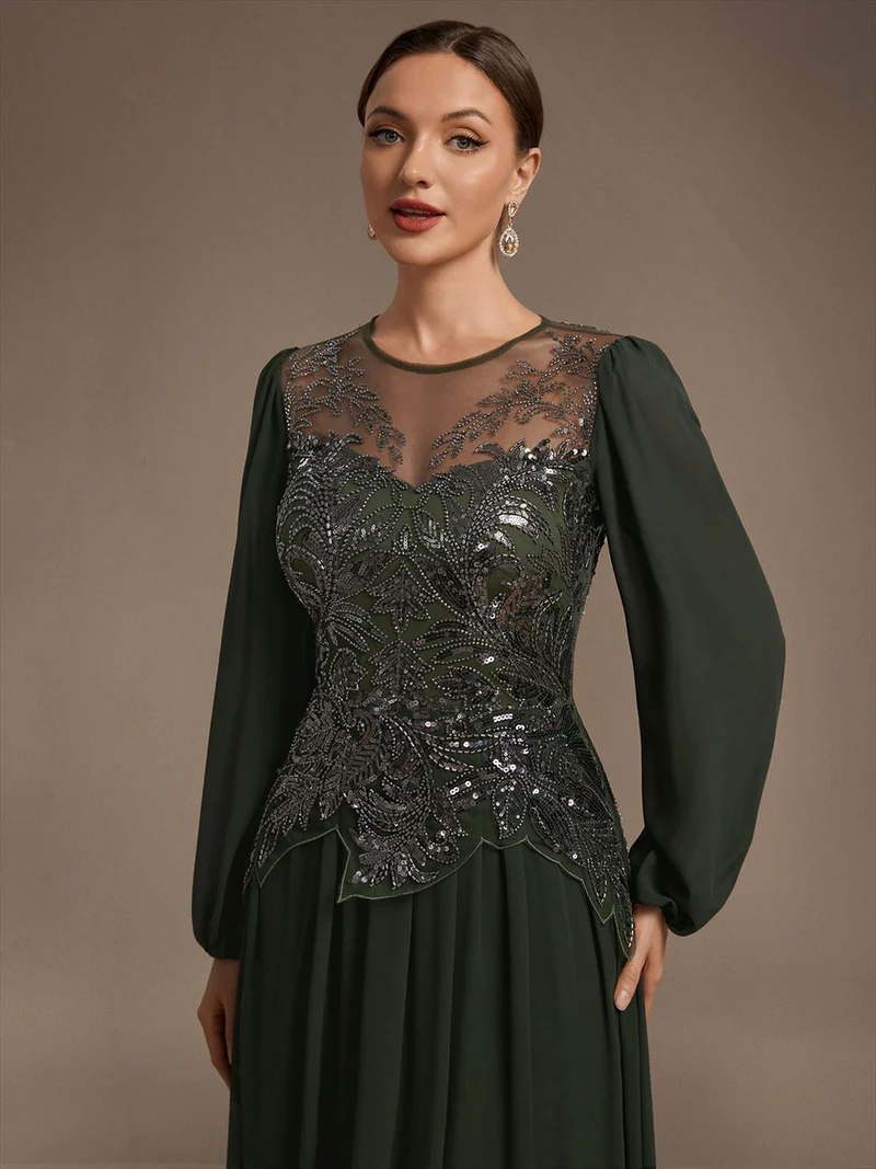 Robe de soirée longue en tulle à col rond, manches longues et paillettes