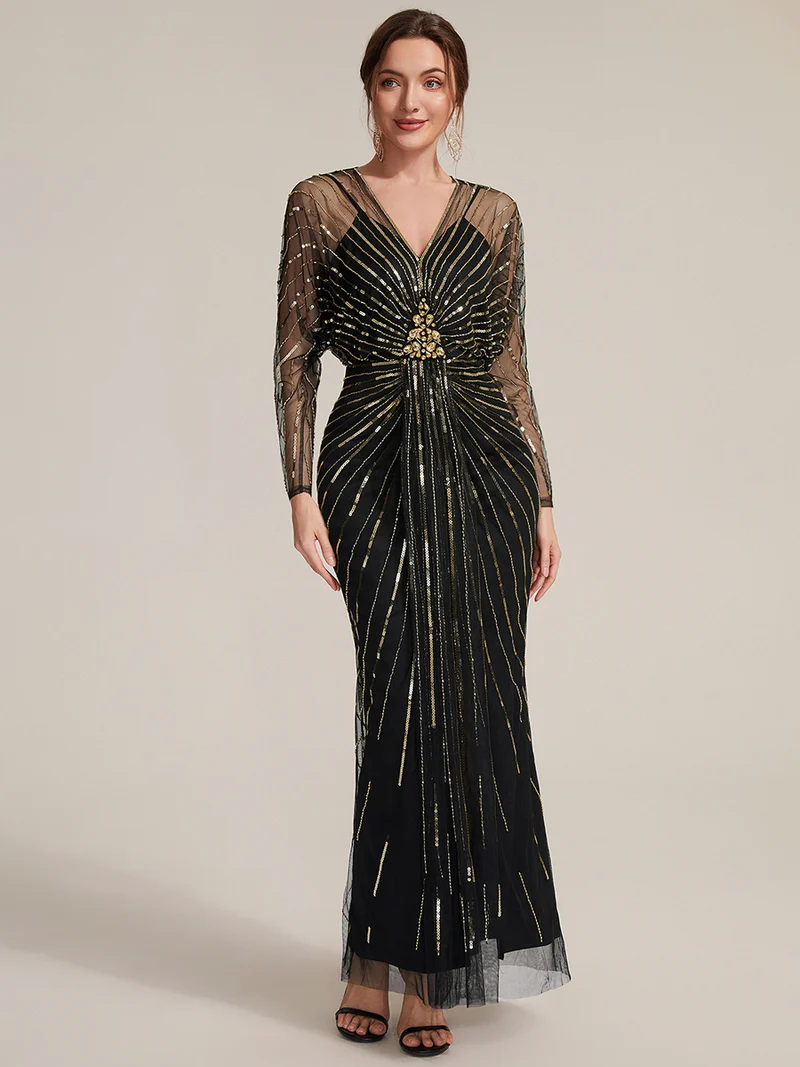 Robe longue en tulle ornée de perles et de paillettes, col V et manches longues