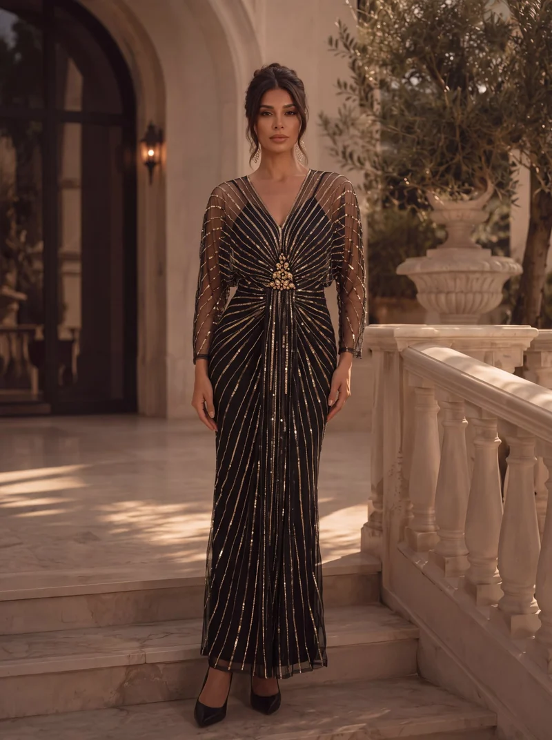 Robe longue en tulle ornée de perles et de paillettes, col V et manches longues