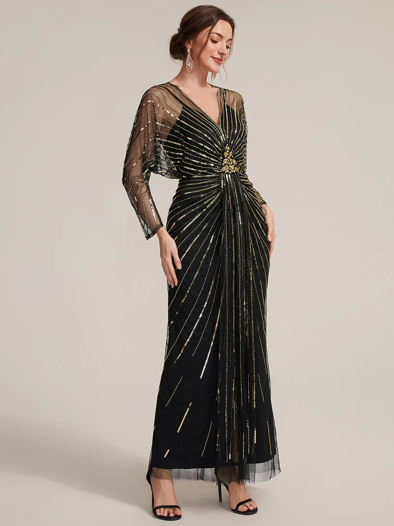 Robe longue en tulle ornée de perles et de paillettes, col V et manches longues