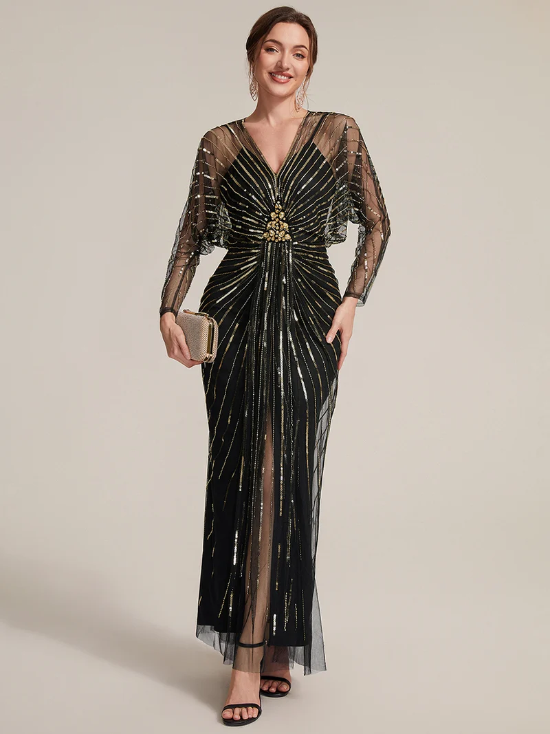 Robe longue en tulle ornée de perles et de paillettes, col V et manches longues