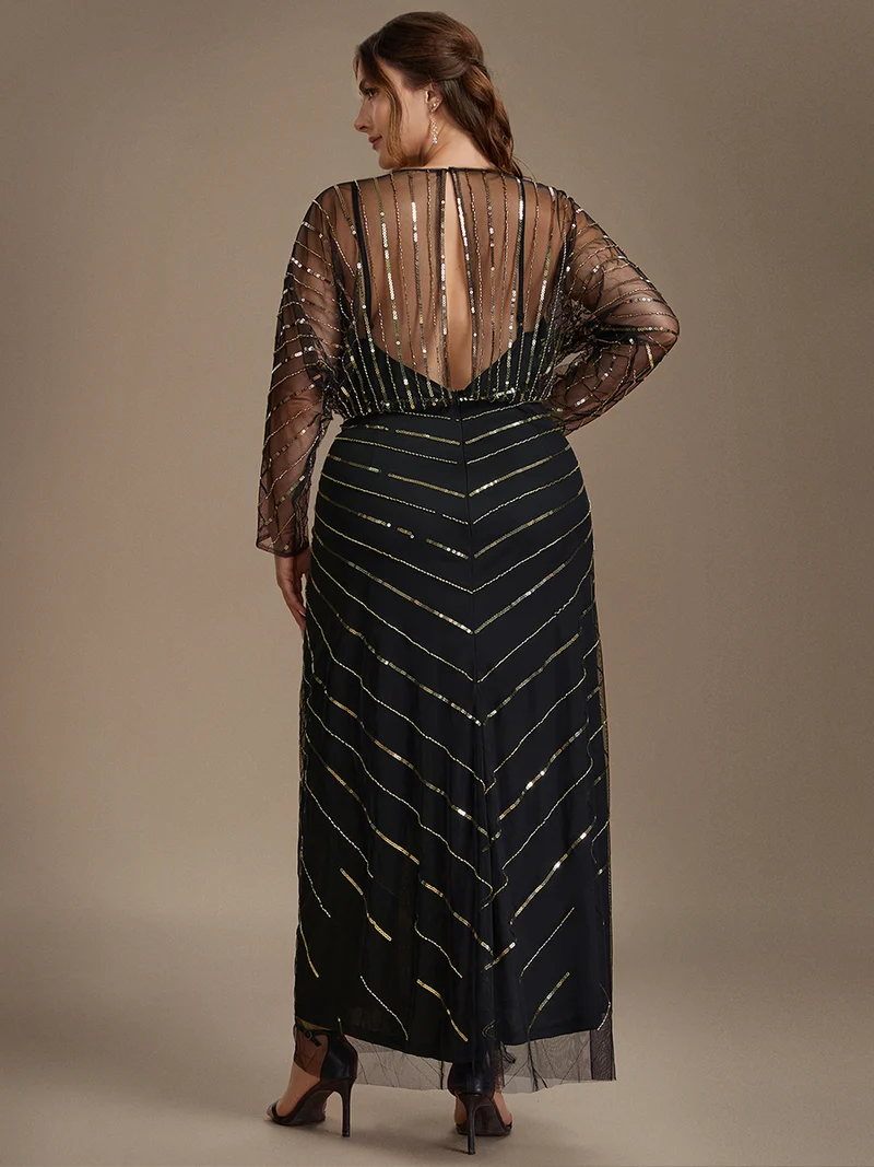 Robe longue en tulle ornée de perles et de paillettes, col V et manches longues