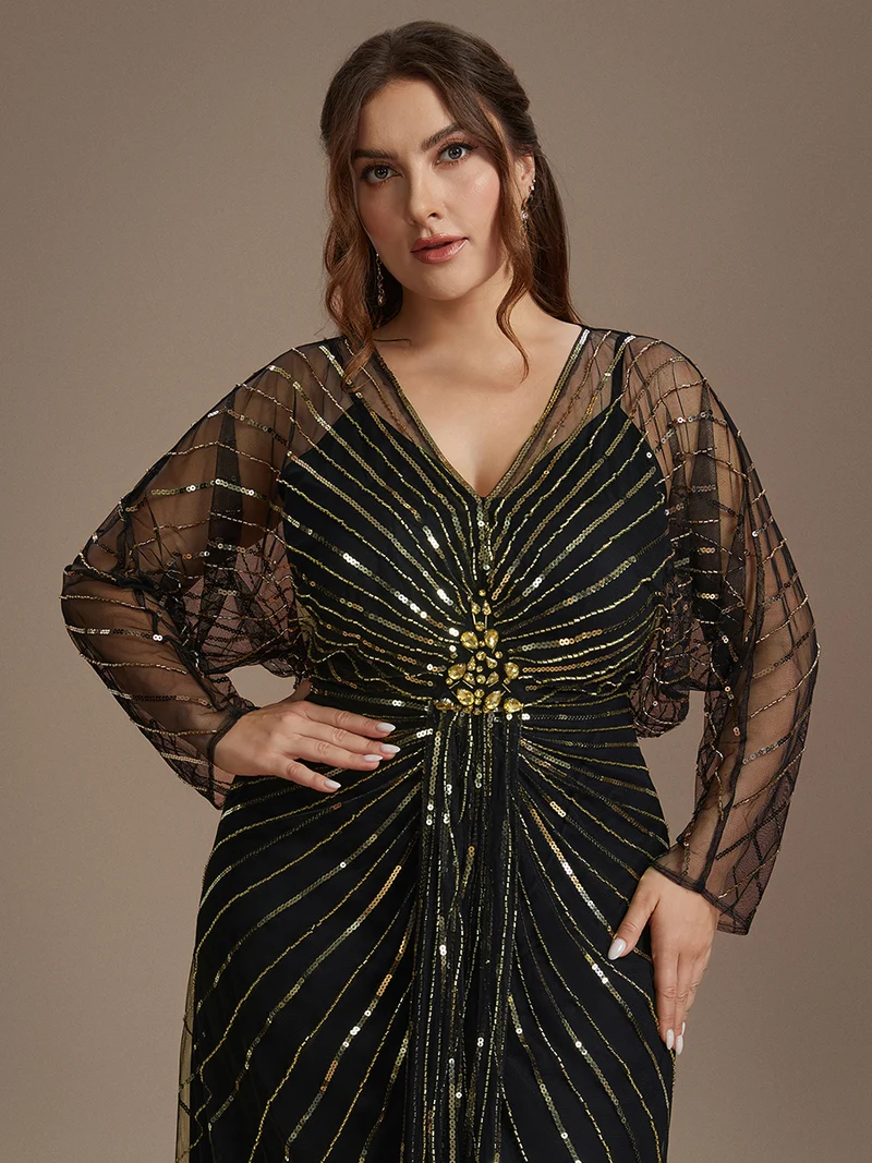Robe longue en tulle ornée de perles et de paillettes, col V et manches longues