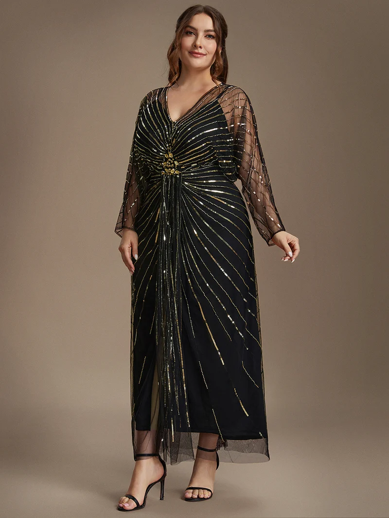 Robe longue en tulle ornée de perles et de paillettes, col V et manches longues