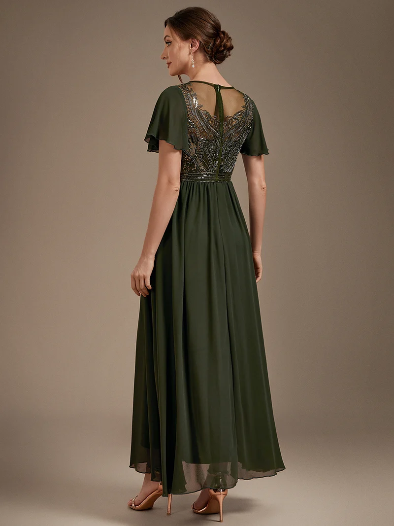 Robe longue en tulle perlée à coupe trapèze et manches volantées