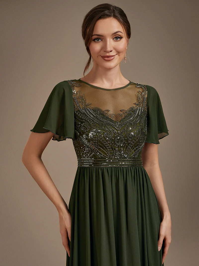 Robe longue en tulle perlée à coupe trapèze et manches volantées
