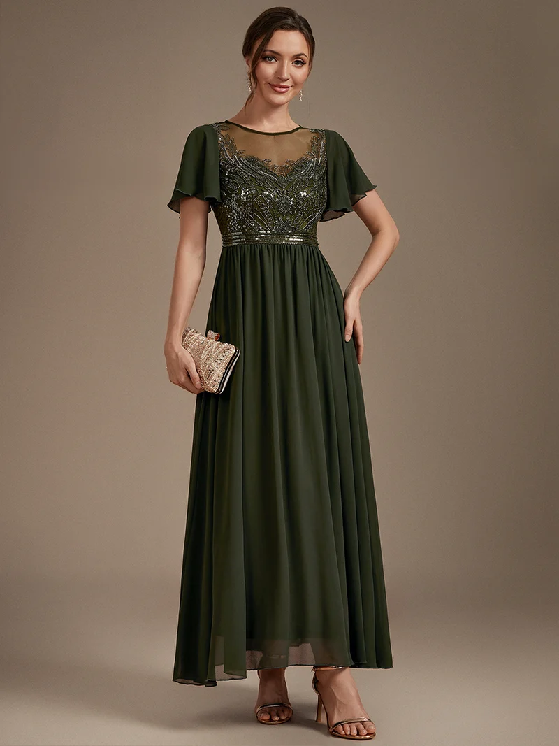 Robe longue en tulle perlée à coupe trapèze et manches volantées