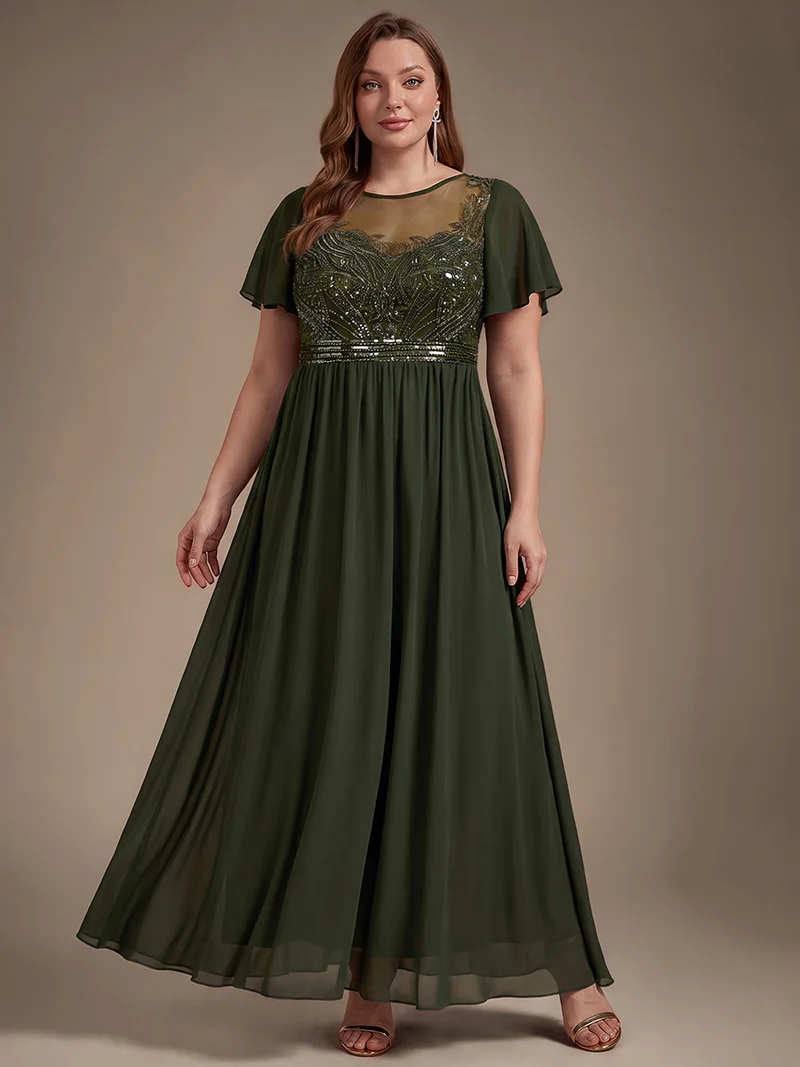 Robe longue en tulle perlée à coupe trapèze et manches volantées